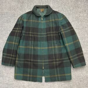 VTG Pendleton Wool Coat XL-2XL Green Black Plaid Ribbed Collar Zip 60s-70s